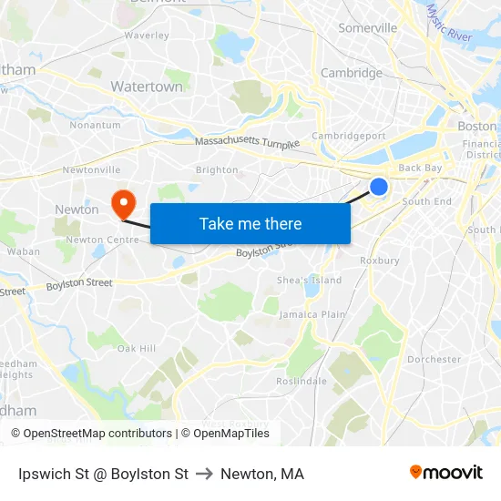Ipswich St @ Boylston St to Newton, MA map