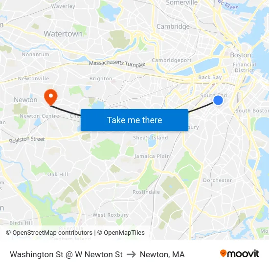Washington St @ W Newton St to Newton, MA map