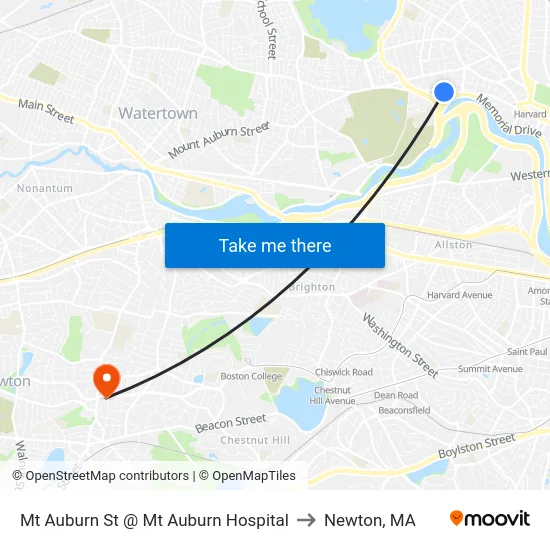 Mt Auburn St @ Mt Auburn Hospital to Newton, MA map