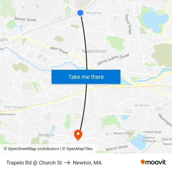 Trapelo Rd @ Church St to Newton, MA map