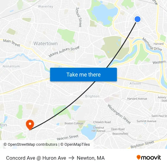 Concord Ave @ Huron Ave to Newton, MA map