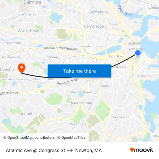 Atlantic Ave @ Congress St to Newton, MA map