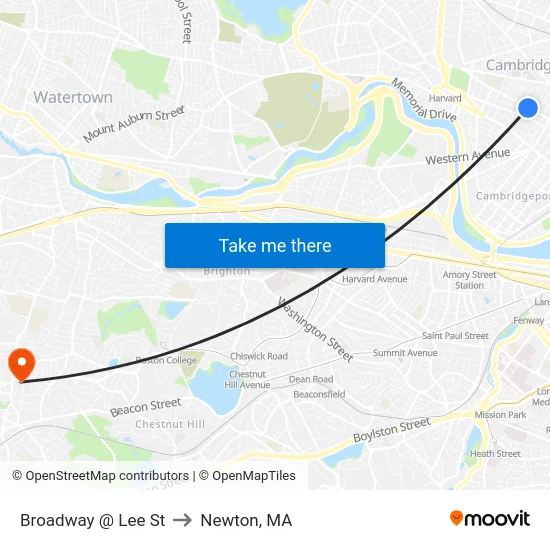 Broadway @ Lee St to Newton, MA map