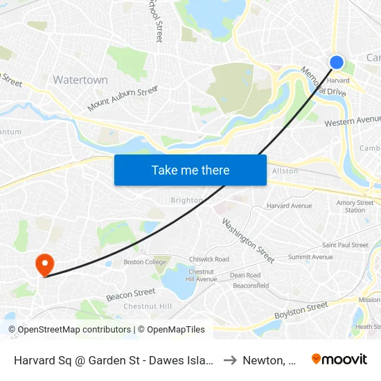 Harvard Sq @ Garden St - Dawes Island to Newton, MA map