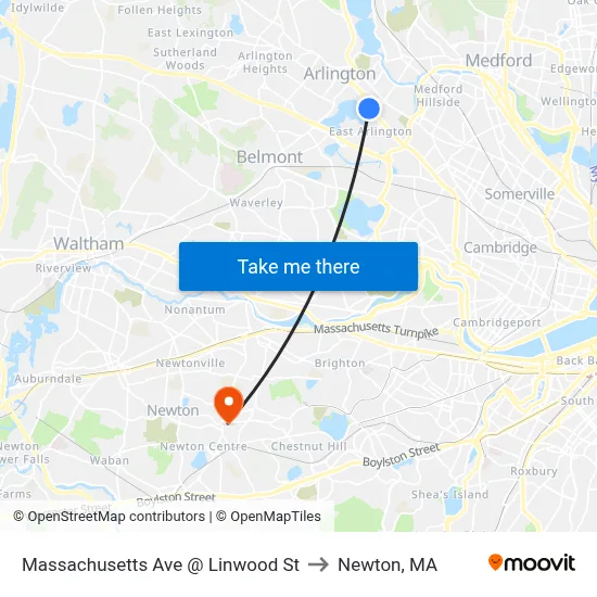 Massachusetts Ave @ Linwood St to Newton, MA map
