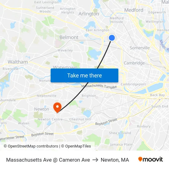 Massachusetts Ave @ Cameron Ave to Newton, MA map