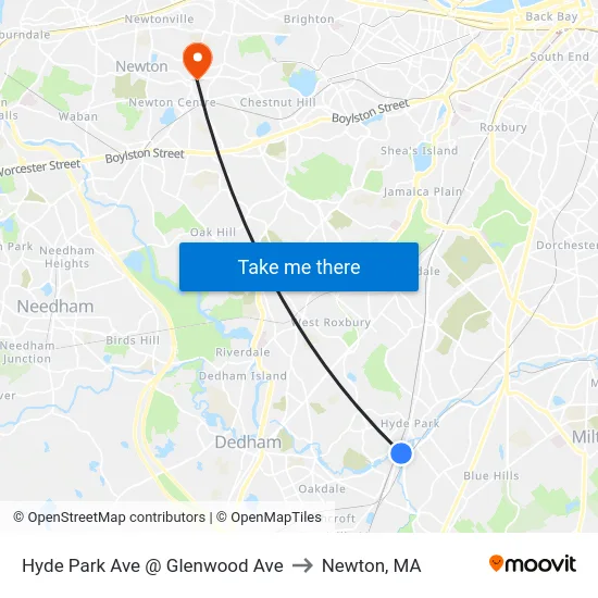 Hyde Park Ave @ Glenwood Ave to Newton, MA map