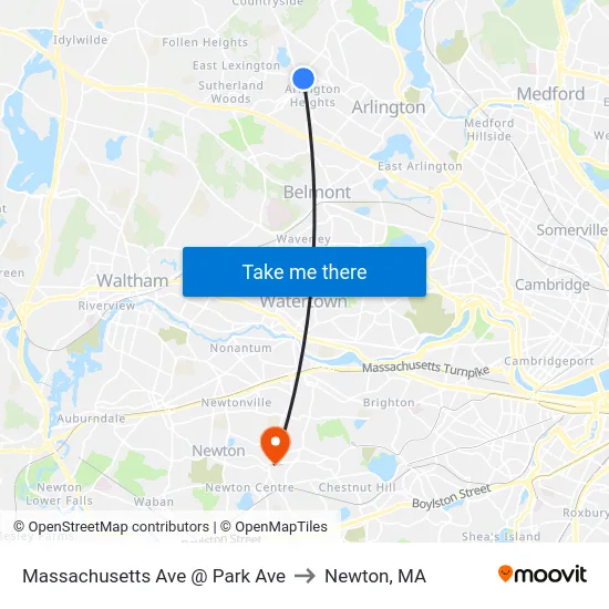 Massachusetts Ave @ Park Ave to Newton, MA map