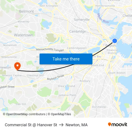 Commercial St @ Hanover St to Newton, MA map