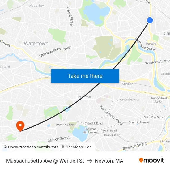 Massachusetts Ave @ Wendell St to Newton, MA map