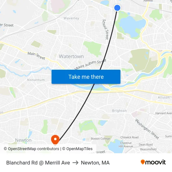 Blanchard Rd @ Merrill Ave to Newton, MA map