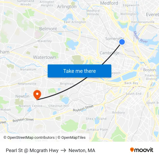 Pearl St @ Mcgrath Hwy to Newton, MA map