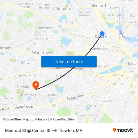 Medford St @ Central St to Newton, MA map