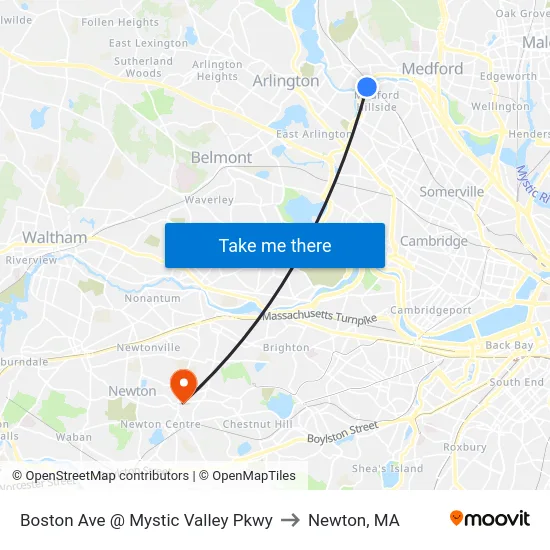 Boston Ave @ Mystic Valley Pkwy to Newton, MA map