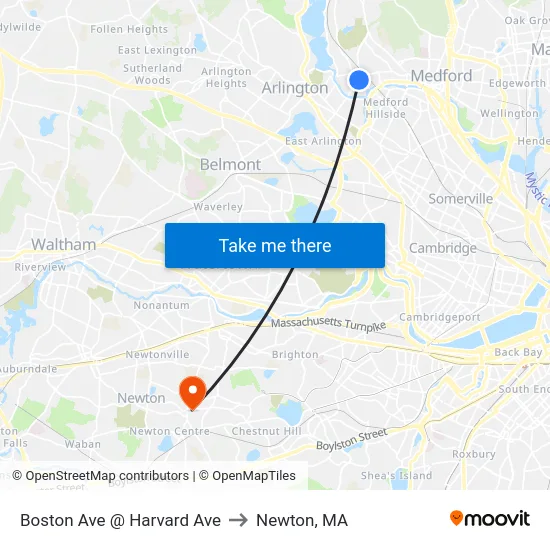 Boston Ave @ Harvard Ave to Newton, MA map
