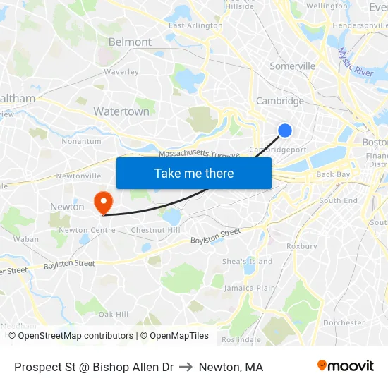 Prospect St @ Bishop Allen Dr to Newton, MA map