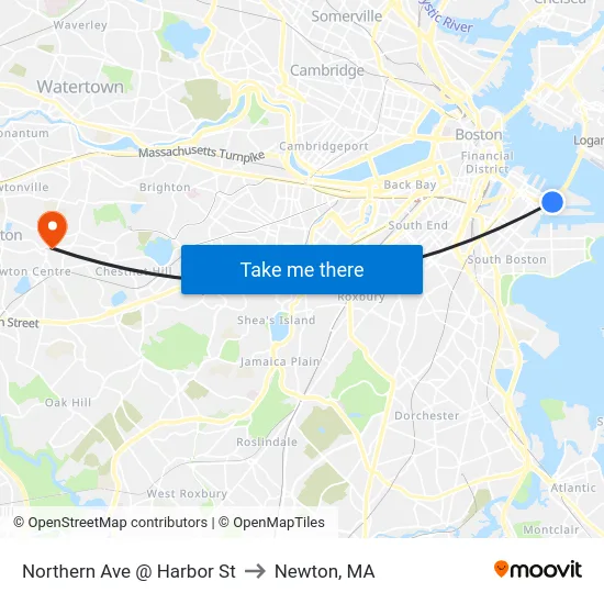 Northern Ave @ Harbor St to Newton, MA map