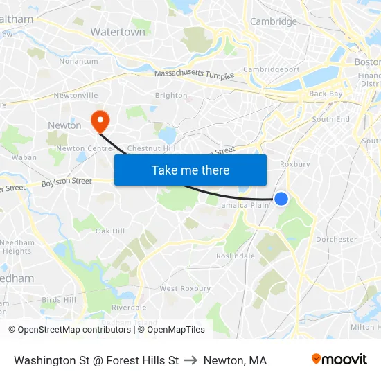 Washington St @ Forest Hills St to Newton, MA map
