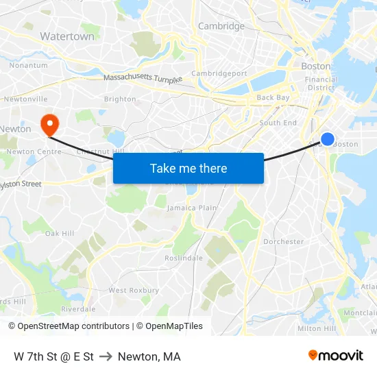 W 7th St @ E St to Newton, MA map