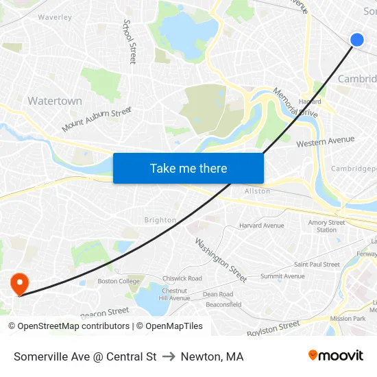 Somerville Ave @ Central St to Newton, MA map