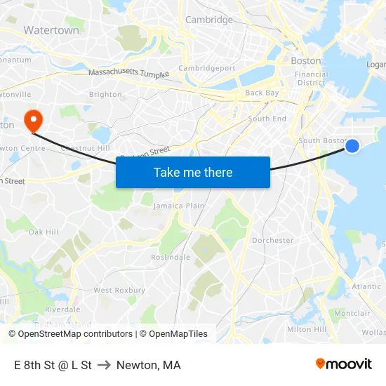E 8th St @ L St to Newton, MA map