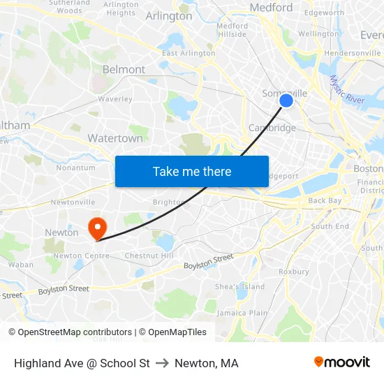 Highland Ave @ School St to Newton, MA map