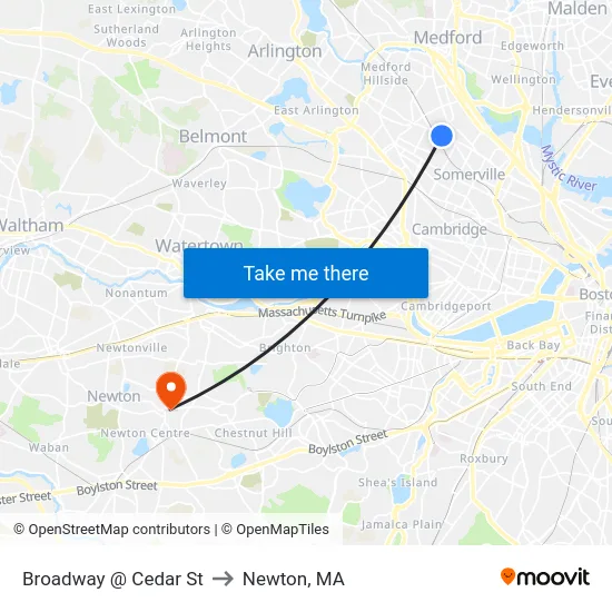 Broadway @ Cedar St to Newton, MA map