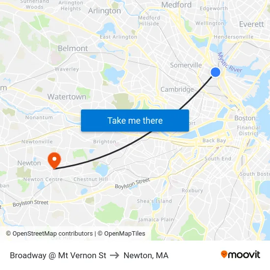 Broadway @ Mt Vernon St to Newton, MA map