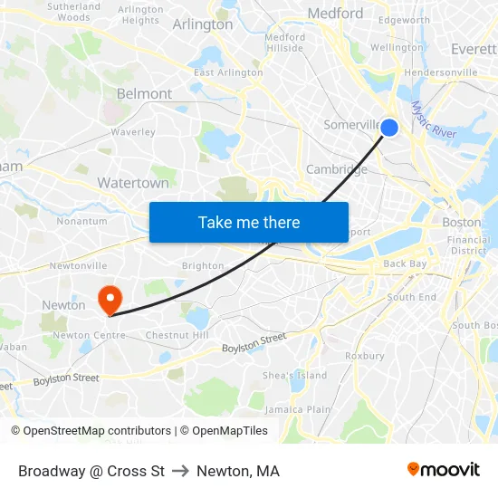 Broadway @ Cross St to Newton, MA map