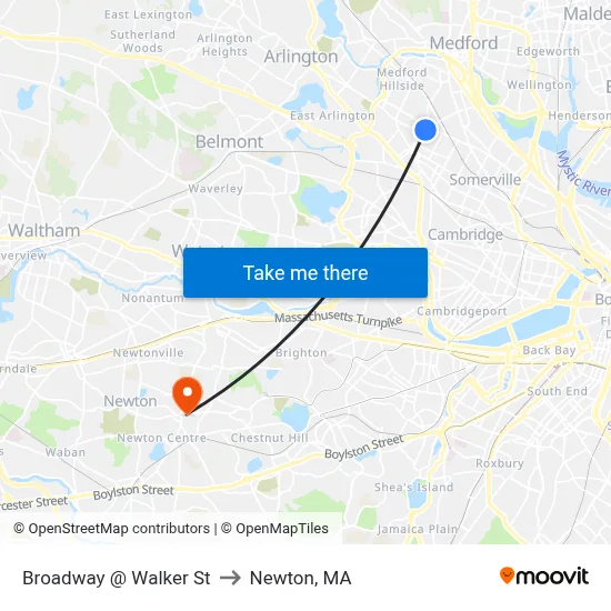 Broadway @ Walker St to Newton, MA map