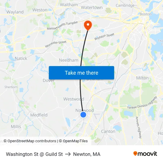 Washington St @ Guild St to Newton, MA map