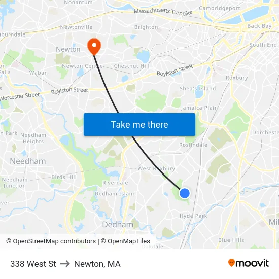 338 West St to Newton, MA map