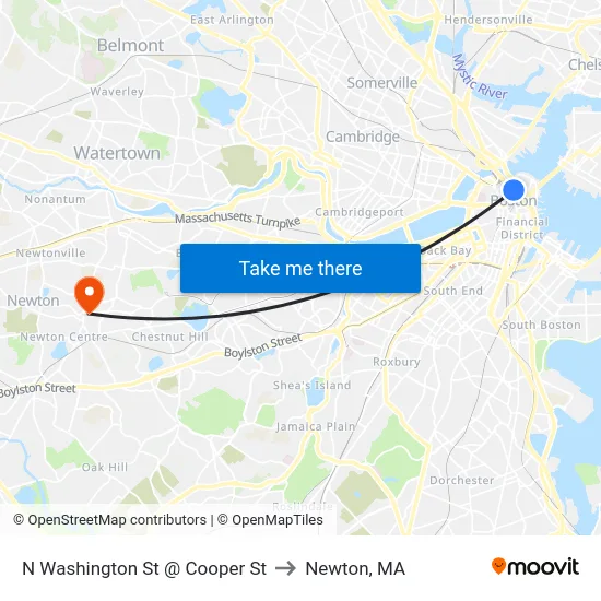 N Washington St @ Cooper St to Newton, MA map