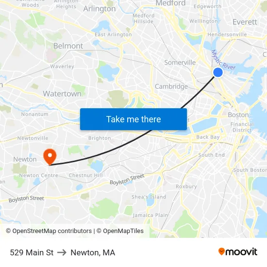 529 Main St to Newton, MA map