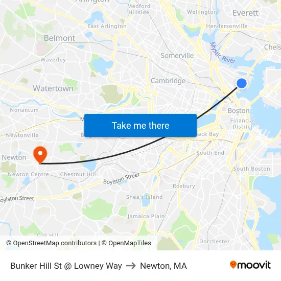 Bunker Hill St @ Lowney Way to Newton, MA map