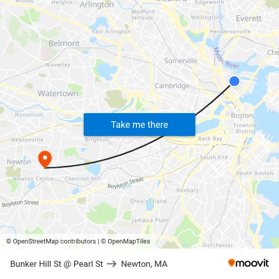 Bunker Hill St @ Pearl St to Newton, MA map