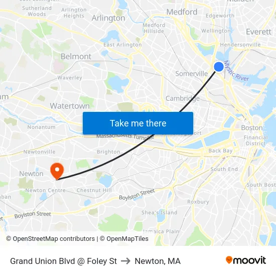 Grand Union Blvd @ Foley St to Newton, MA map