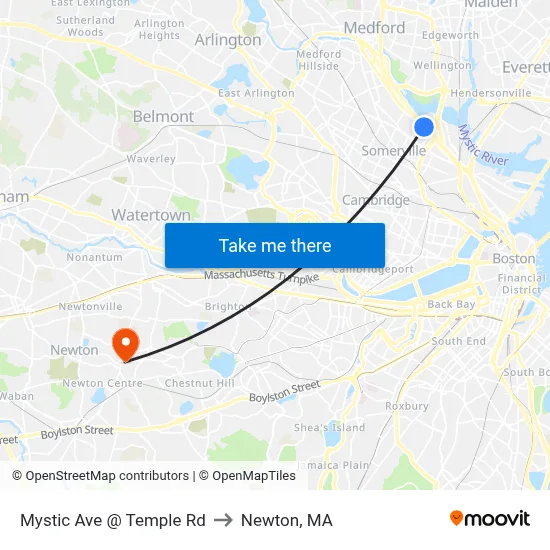 Mystic Ave @ Temple Rd to Newton, MA map