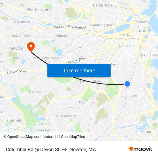 Columbia Rd @ Devon St to Newton, MA map