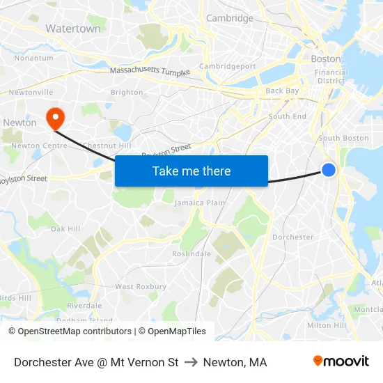 Dorchester Ave @ Mt Vernon St to Newton, MA map