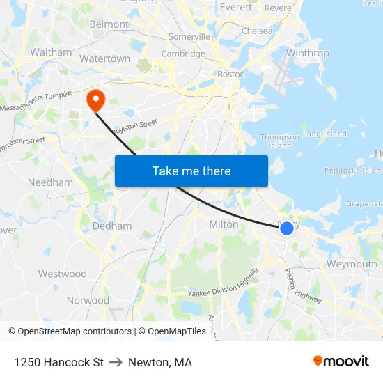 1250 Hancock St to Newton, MA map