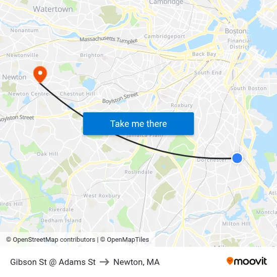 Gibson St @ Adams St to Newton, MA map