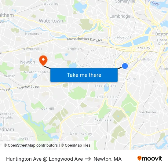 Huntington Ave @ Longwood Ave to Newton, MA map