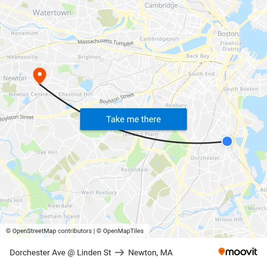 Dorchester Ave @ Linden St to Newton, MA map