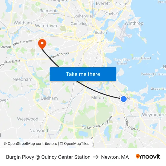 Burgin Pkwy @ Quincy Center Station to Newton, MA map