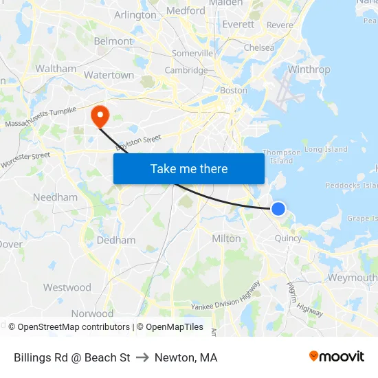 Billings Rd @ Beach St to Newton, MA map