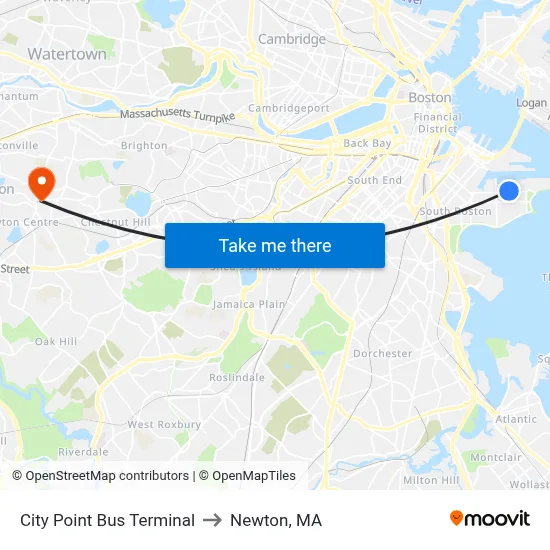 City Point Bus Terminal to Newton, MA map
