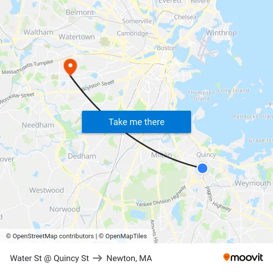 Water St @ Quincy St to Newton, MA map