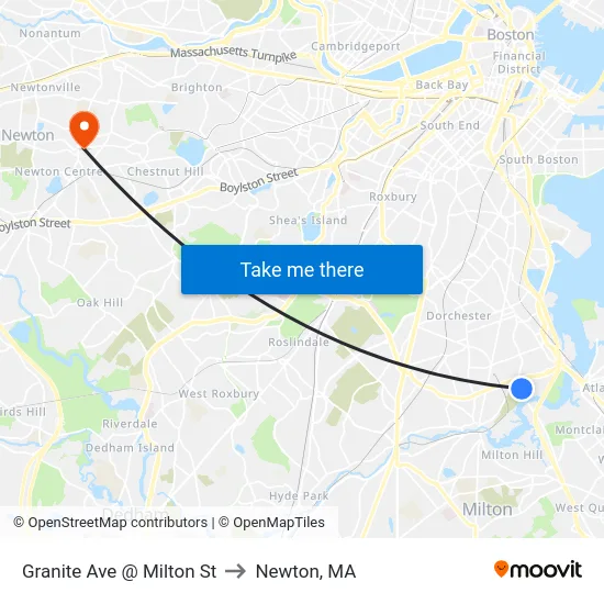 Granite Ave @ Milton St to Newton, MA map