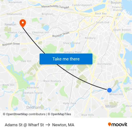 Adams St @ Wharf St to Newton, MA map